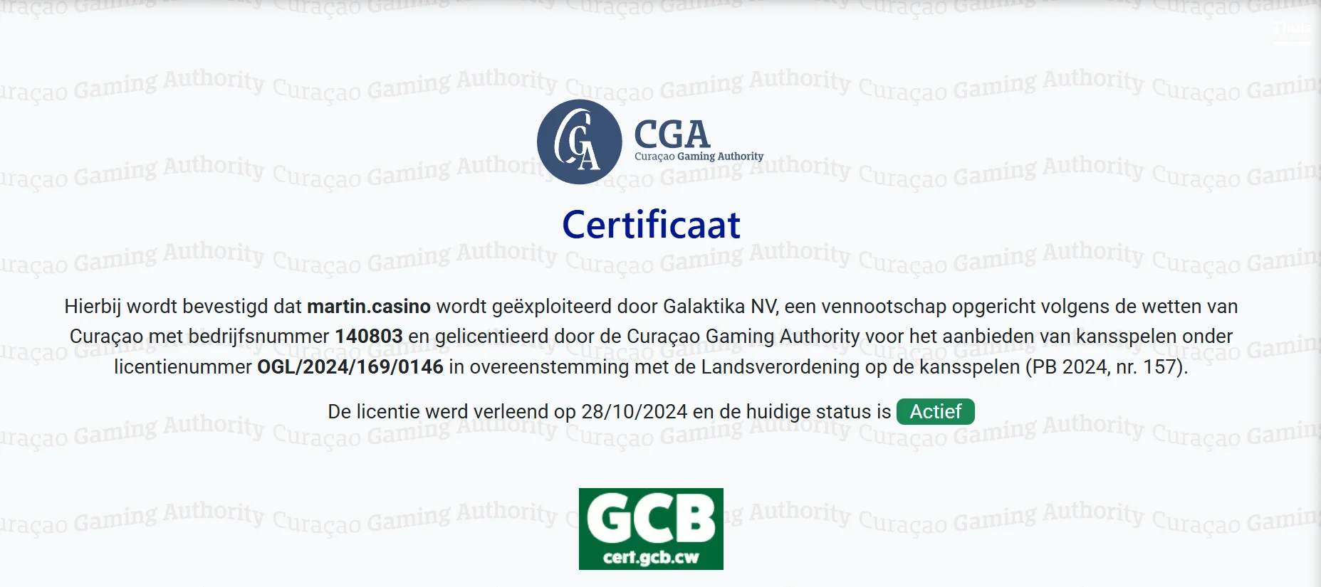 martin casino certificaat